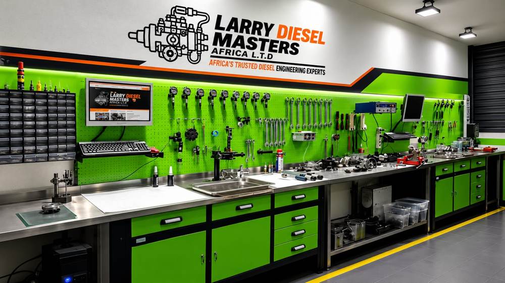 Larry Diesel Masters Africa workshop — calibration bench and tool wall